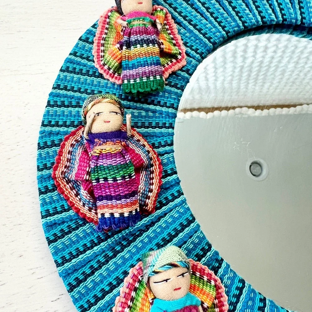 Vintage Hand Made Worry Dolls Guatemalan 90s Folk Art Old World Charm Mirror
